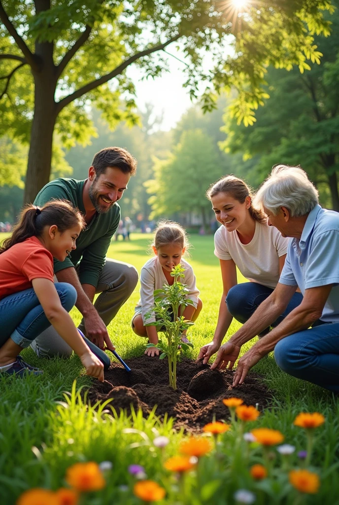 A park or green community area with a number of groups of people of different ages and backgrounds, Everyone is involved in planting trees. Others are positioning the saplings, Some people are digging holes, And there are also those who are watering the new trees.
