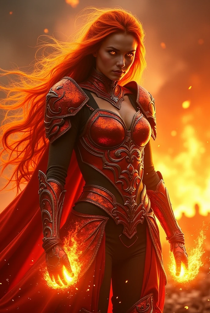 Woman with flaming hair, orange eyes , fire-colored armor , fire magic.