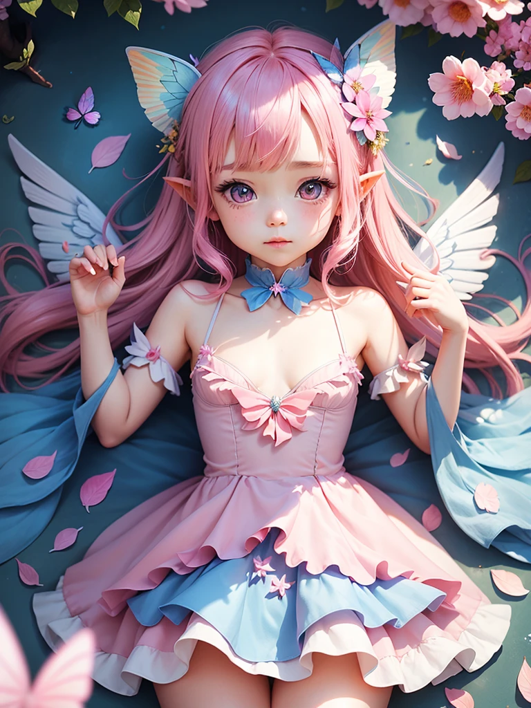 cute little Angel, blue butterfly, pinkhair, pink eyes,  dress pointy ears dress made of petals leaves glitter sun leaves flowers angel wings大きな花の中に座っている