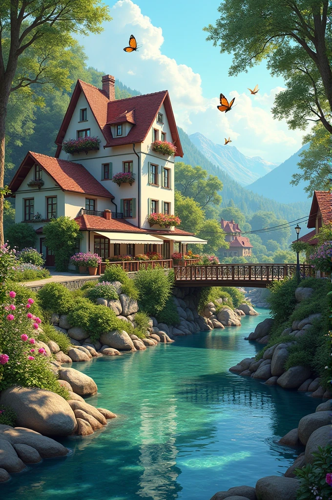 Make a drawing of a beautiful hotel surrounded by a crystal-clear stream with a bridge in front of it that leads to the street., surrounded by nature and it is beautiful, all rural