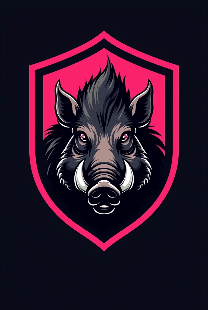 Generate a logo with the name ESCUDERIA PORCINOS which has an aggressive wild boar with a shield, and the background colors are a dark pink tone with black 