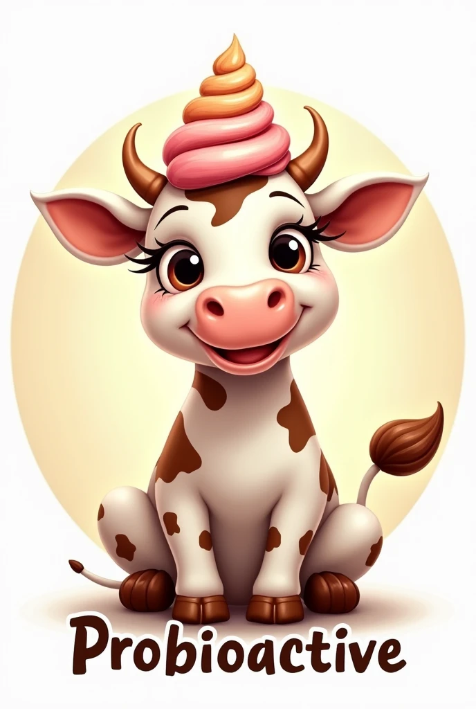 A cute, sweet cow drawing with long eyelashes sitting with an ice cream cone on four legs.
The image should be round with a black border.
At the bottom it should say Probioactive in italics.