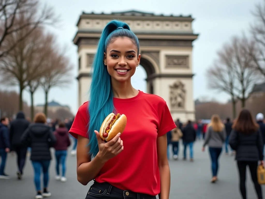 Smiling a beautiful biracial latina woman, long ponytail light blue hair, light blue eyes,big large breasts, wear red t-shirt low, black jeans and black shoes, in paris street, close to The triumphal arch, eating hot dog, Résolution Haute, extremely detailed full body,