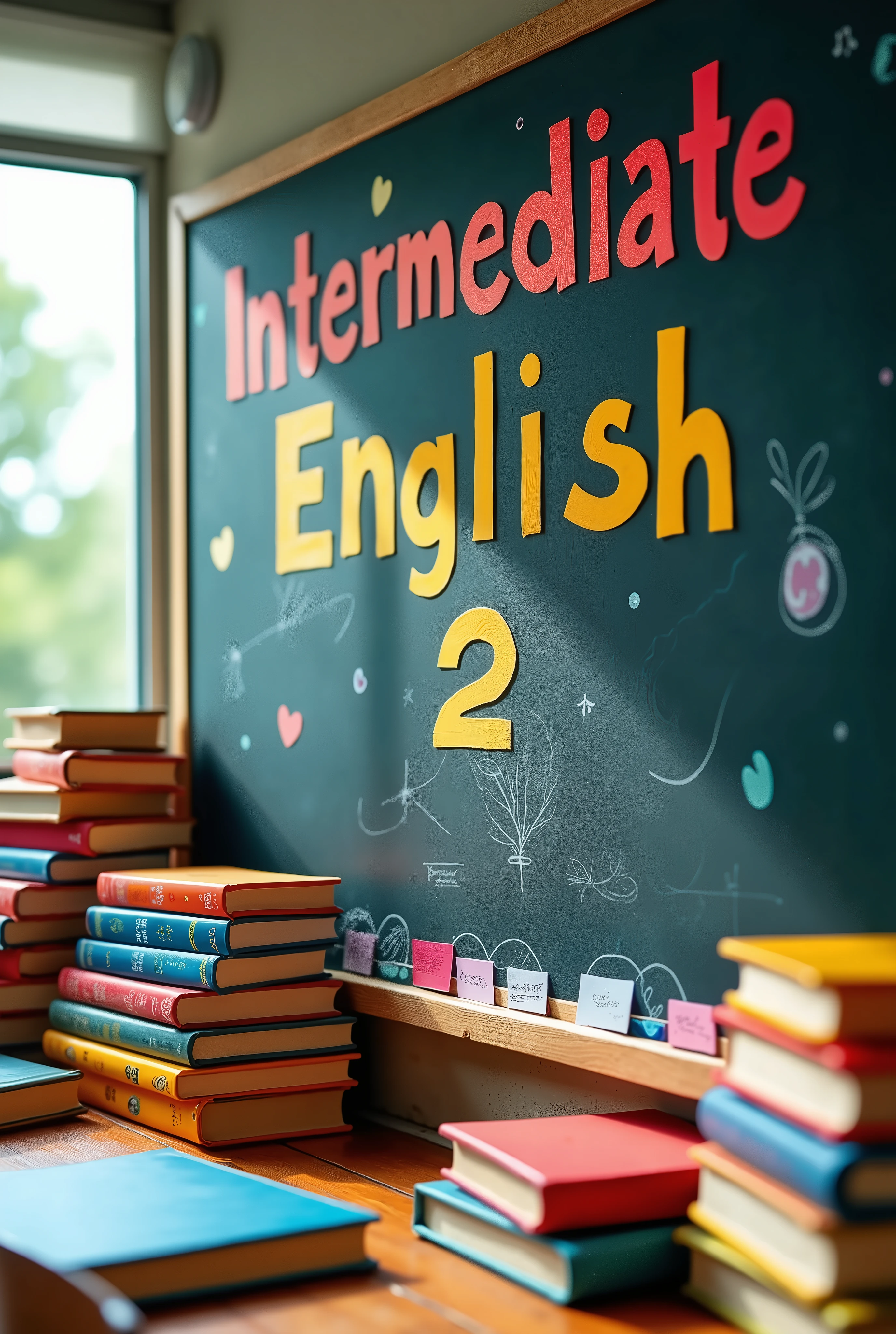 create an image that says Intermediate English 2, with different colors, books and a blackboard without blurring the title