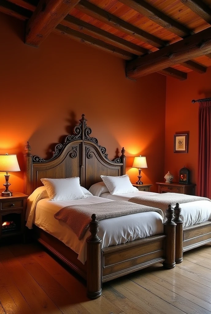 the large bedroom has 2 single beds, one on each wall, with good space between them. the walls have a slightly reddish color. Beds feature ornate headboards that often include details that evoke flames. each room is equipped with a smaller fireplace or heat source, providing a comfortable and welcoming environment. The decor is rustic, with furniture and accessories that complement the fire theme and create a comfortable space for residents.