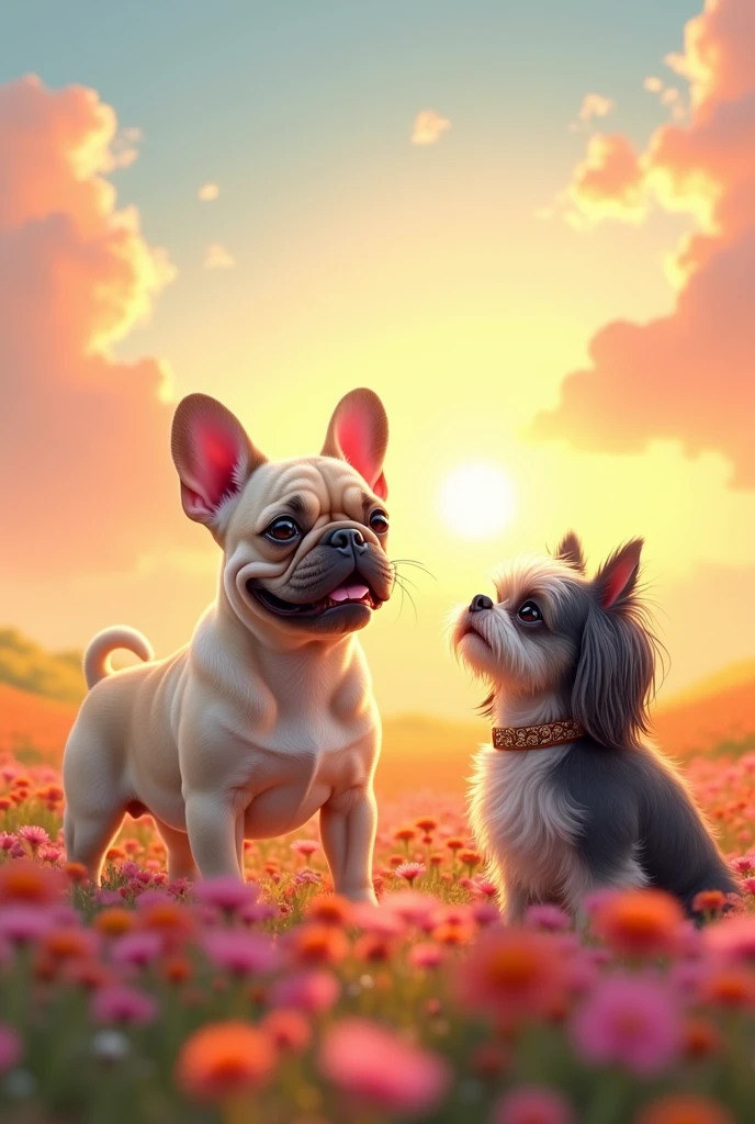 Could you illustrate it in an image?, he arriving in heaven which would be a field with flowers and a sunset.
He will be greeted by a Lhasa Apso with a collar and a name tag that says Nina, She is a little smaller than him, slim, dark gray in color pulling black with some white hairs from old age, She will be looking at him. The French Bulldog is cream colored, quite chubby, with pink ears and is smiling and happy, He has a collar with a name tag that says Tunico.
I want the image with soft colors. May he show peace and happiness upon his arrival in heaven.