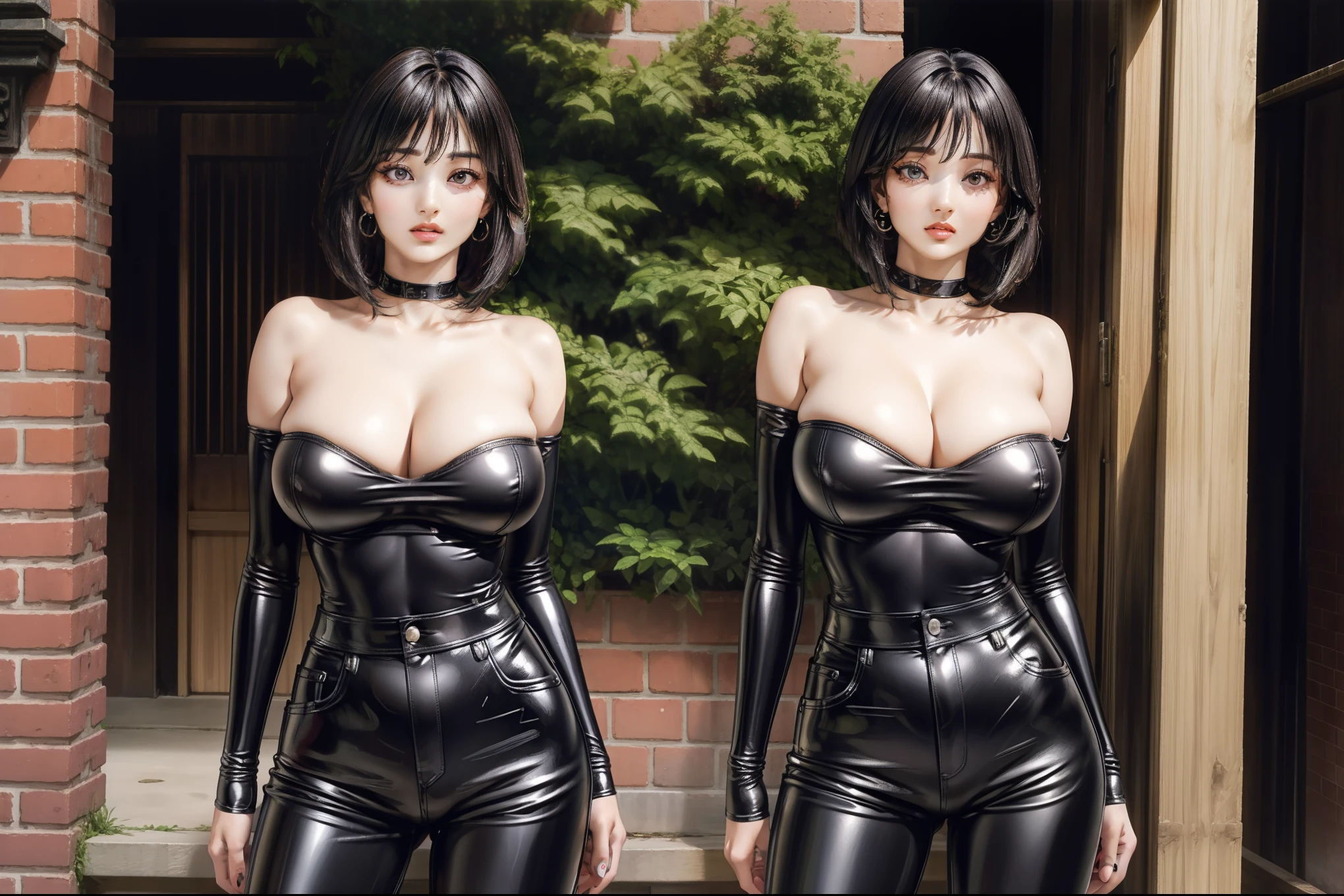 2 slim woman with big breasts wearing a very tight pvc off-shoulder wonderbra, pvc black jeans, standing in an alley, (best quality, 4k, 8k, high resolution, masterpiece: 1.2), ultra detailed, (realistic, photorealistic, photo-realistic: 1.37), vivid colors, beautiful detailed eyes, beautiful detailed lips, extremely detailed eyes and face, long eyelashes, long bob cut hair, portrait. beautiful rear butt view