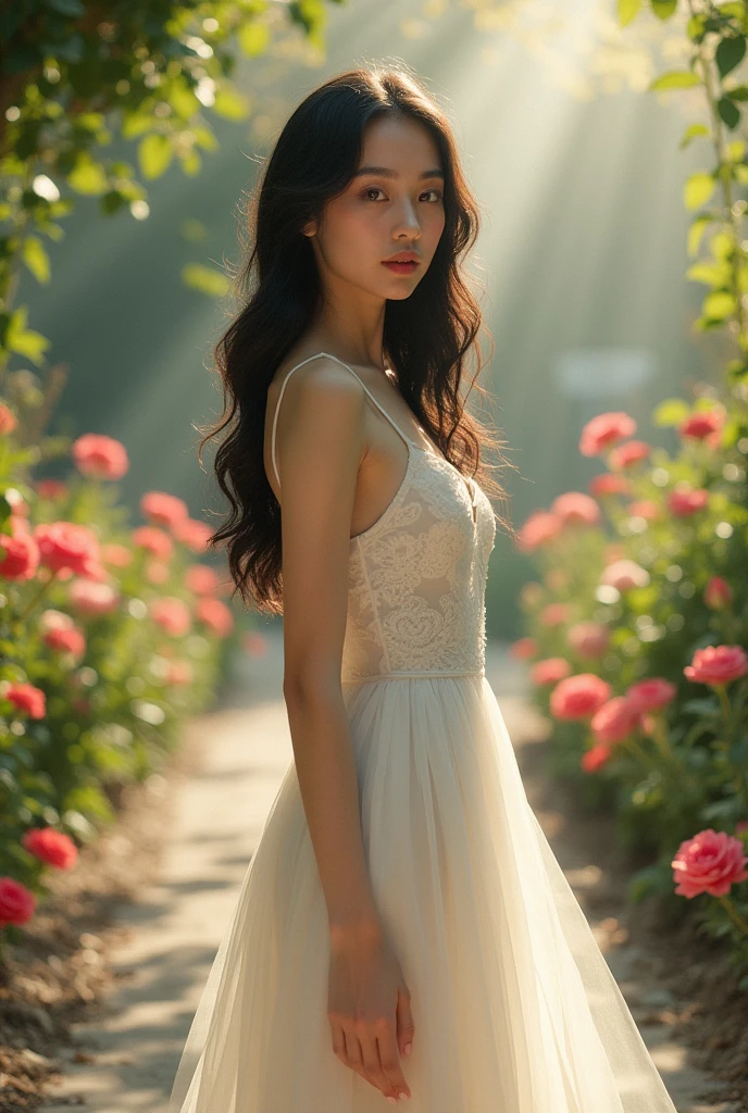 Beautiful girl with fair skin, black eyes and hair, wearing a beautiful white dress.