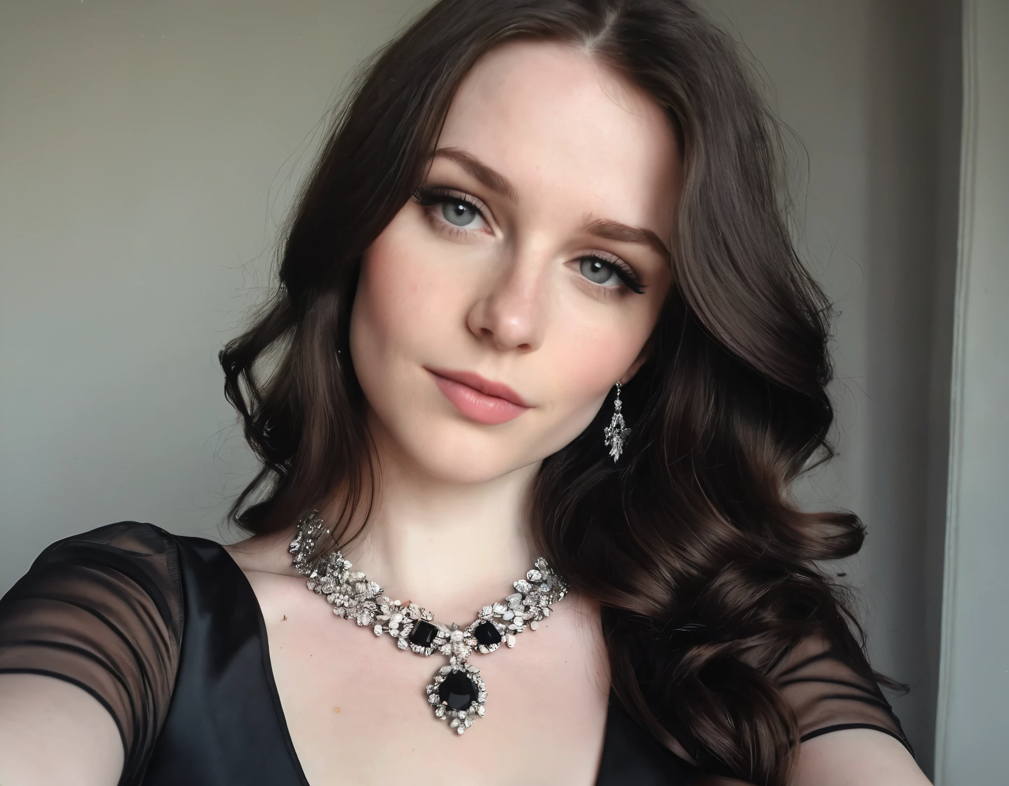 28-year-old French woman, realistic, real woman, gothique, pale complexion, sexly, black dress, neckleace, makeup, jewels, yeux clairs, smooth hair, photos dehors photo prises EN SELFIE 