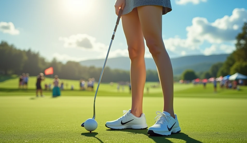 50mm lens, Make an Asian female model photo for a golf tournament poster, Full shot, The clothes are short skirts, sexy body, Make a golf ball in the background, nike golf shoes, accurate, high details, super detail, high quality, best quality, highres, masterpiece, Please fill in the background,