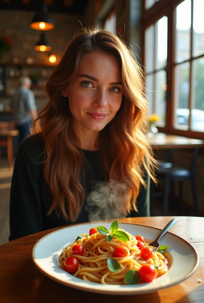 A woman sitting at a table, hungry, staring intently at the food.