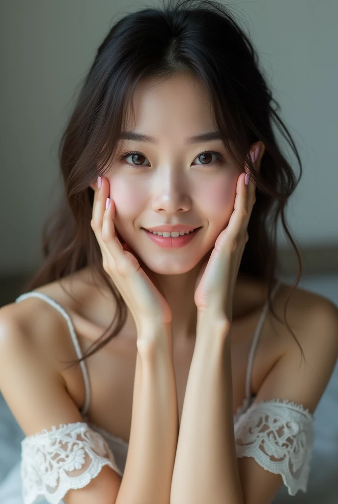 (((One person,alone))),(Highly realistic photos, High resolution, Detailed face, Beautiful Eyes) Japanese women, 30 years old, Modern beauty standards, Glamorous body, Akina Nakamori,Healthy Body,Spread your legs、Thin lips、smile、Shot in a photo studio