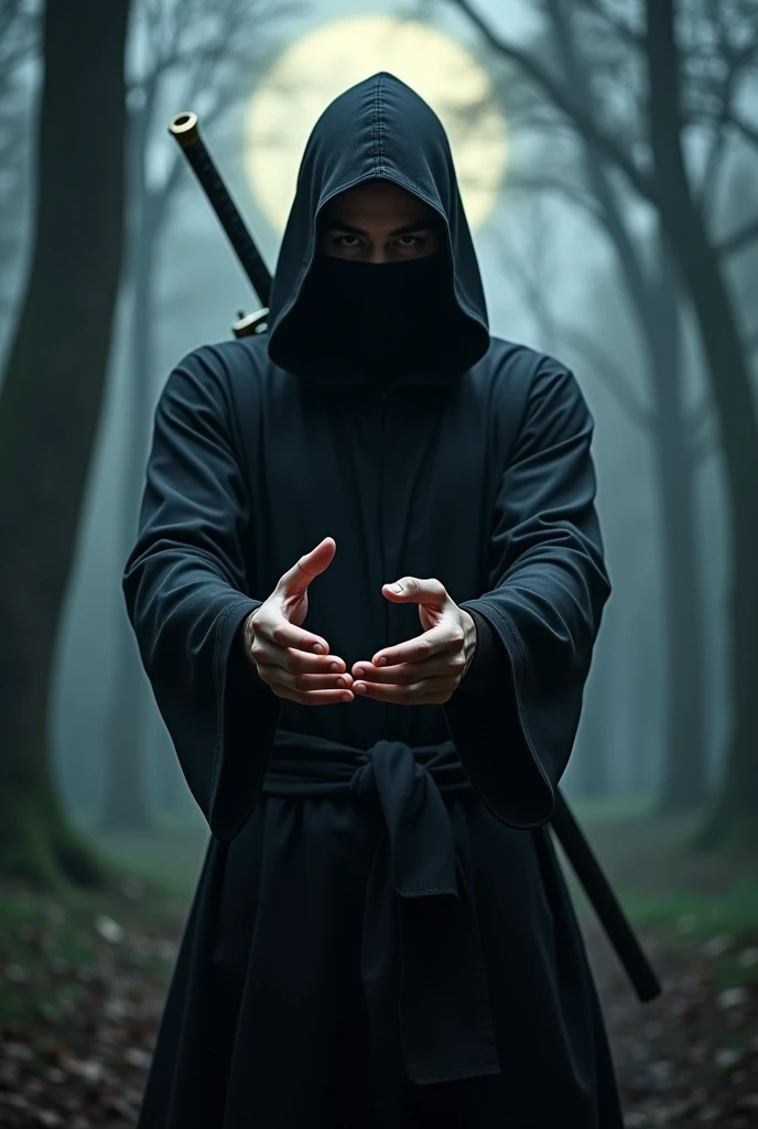 A ninja with a sword on his back in an all-black outfit, with both arms forward as if he were holding the infinity symbol in his hands.