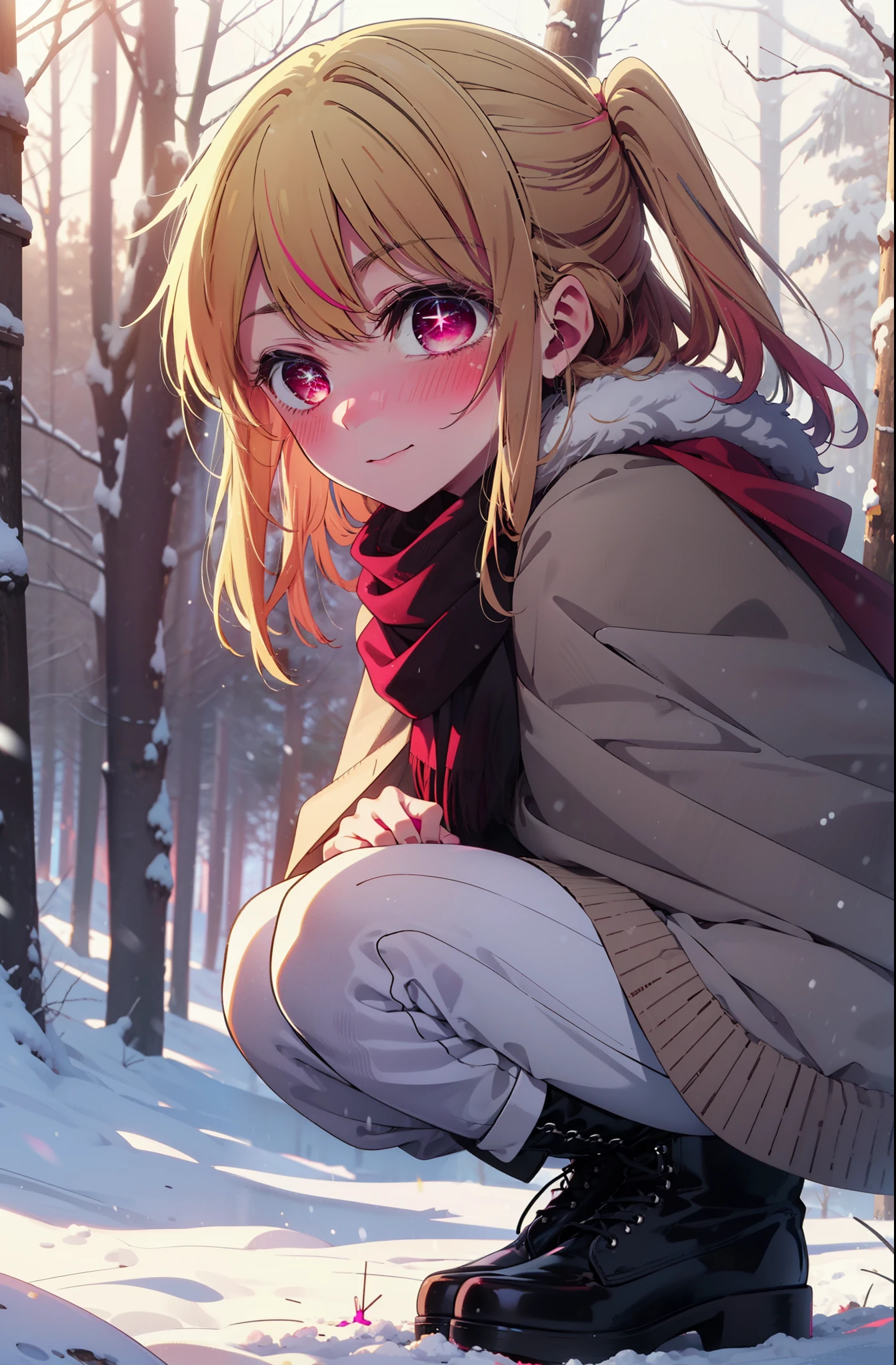 rubyhoshino, Hoshino Ruby, Long Hair, bangs, Blonde, (Pink Eyes:1.3), Side Lock, (Symbol-shaped pupil:1.5), Multicolored Hair, Two-tone hair, smile,,smile,blush,white breath,
Open your mouth,snow,Ground bonfire, Outdoor, boots, snowing, From the side, wood, suitcase, Cape, Blurred, , forest, White handbag, nature, Squat, Mouth closed, Cape, winter, Written boundary depth, Black shoes, red Cape break looking at viewer, Upper Body, whole body, break Outdoor, forest, nature, break (masterpiece:1.2), Highest quality, High resolution, unity 8k wallpaper, (shape:0.8), (Beautiful and beautiful eyes:1.6), Highly detailed face, Perfect lighting, Highly detailed CG, (Perfect hands, Perfect Anatomy),