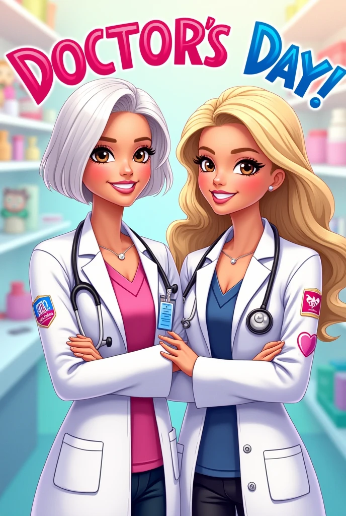 Two Barbie Doctor cartoons, one with brown eyes and short white hair , and another with brown eyes and short blonde hair, Happy Doctor's Day Label