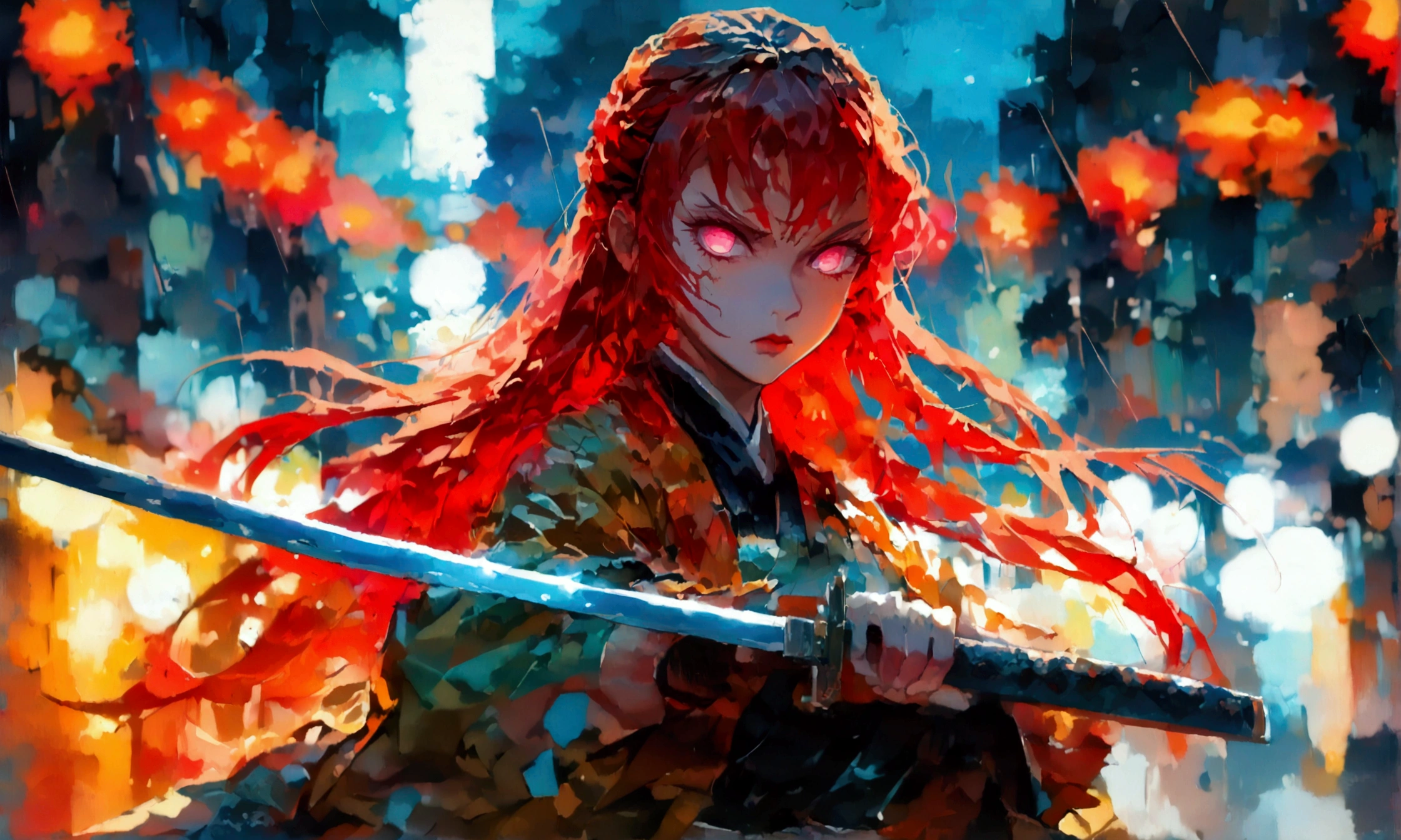 Woman, Long red hair, glowing red eyes, blade scar on right arm, torn brown jacket, black shorts, brandishing a sword surrounded by blue flames, full body, combat stance, serious expression, dark street, rainy night, ((Anime character design inspired by Kimetsu no Yaiba)), ((Stunning lighting)), ((Fine lines)), ((Stunning focus)), ((Stunning face)), ((Detailed focus)), ((Detailed Background)), ((Ultra-thin 2D Design)), ((Full of Creativity Background)), ((2D Masterpiece)), ((Best Quality)), ((8K)), ((Anime Style))