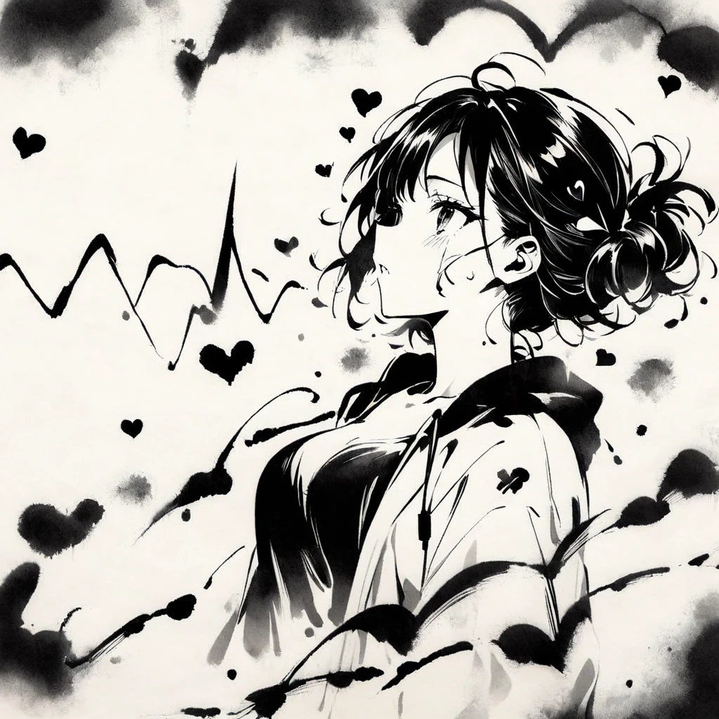 Monochrome style,Ink painting,heart, heart sounds, throbbing heartbeat, electrocardiogram