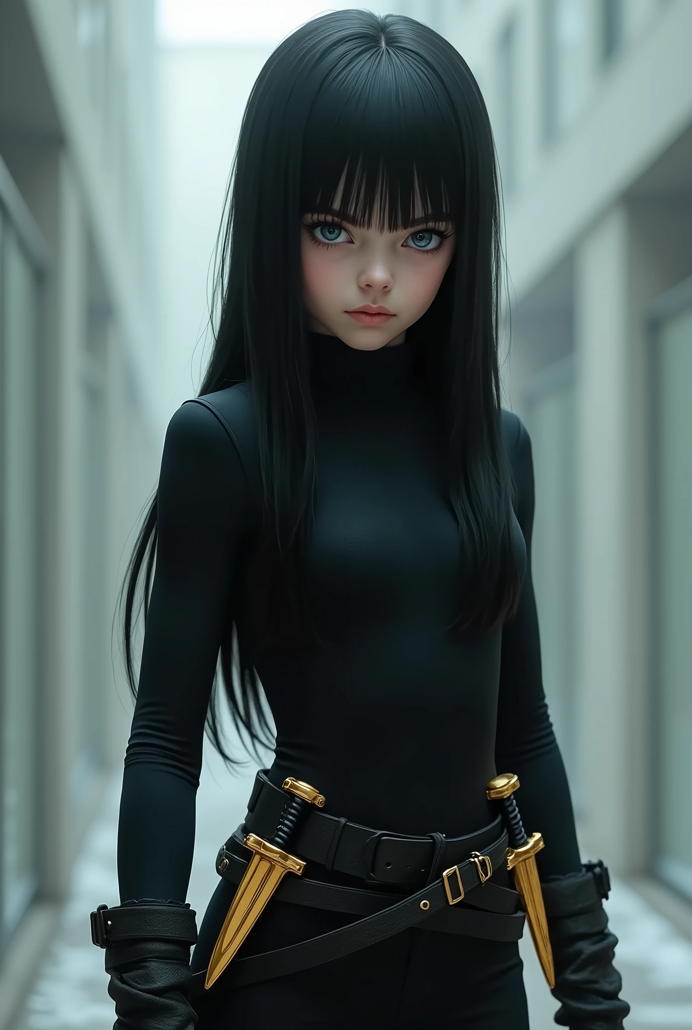 a ten-year-old girl who is 1.35 meters tall, with long straight black hair, her eyes are an icy blue, almost lifeless, always focused and attentive to every detail around her, always focused and attentive to every detail around her, she wears a tight black outfit, made of a material that does not make noise when moving, on her belt two golden combat knives