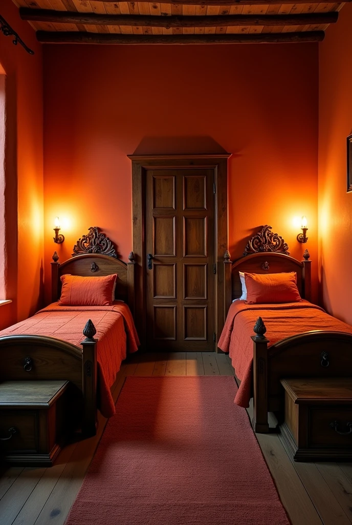 the large bedroom has 2 single beds, one on each wall, with good space between them. the walls have a slightly reddish color. Beds feature ornate headboards that often include details that evoke flames. each room is equipped with a smaller fireplace or heat source, providing a comfortable and welcoming environment. The decor is rustic, with furniture and accessories that complement the fire theme and create a comfortable space for residents. There is a wooden closet and rustic chests in front of the bed. the sheets and pillowcases are also reddish, and the room is lit by two torches above the bed and two at the entrance door.