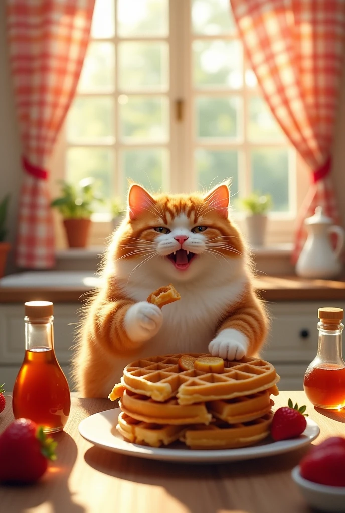 A fat cat eating waffles