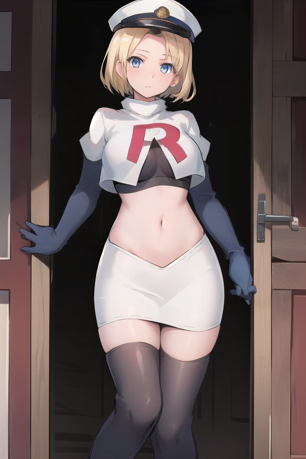 best quality, (masterpiece:1.2), illustration, absurdres, (1girl, solo, beautiful detailed girl),
 Theresia Caroline, short hair, blonde hair, blue eyes, medium breasts,
garrison cap, team rocket,team rocket uniform,white skirt,red letter R,crop top,black thigh-highs,black elbow gloves,
looking at viewer,