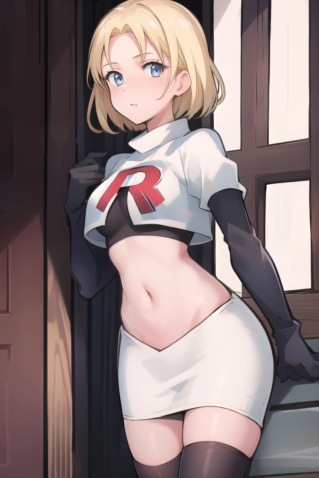 best quality, (masterpiece:1.2), illustration, absurdres, (1girl, solo, beautiful detailed girl),
 Theresia Caroline, short hair, blonde hair, blue eyes, medium breasts,
garrison cap, team rocket,team rocket uniform,white skirt,red letter R,crop top,black thigh-highs,black elbow gloves,
looking at viewer,