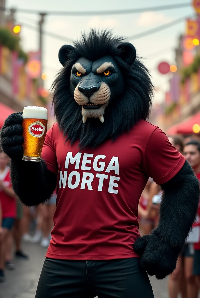 Create a strong black lion mascot with a fierce face, T-shirt with MEGA NORTE written on it and a Stella beer in its hand