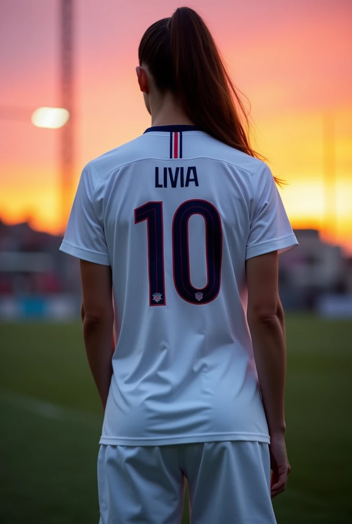 a beautiful creative USA soccer jersey on the back, Featuring a prominent white color, minimal style, that contains the number 10 centered in the middle and right below the name livia