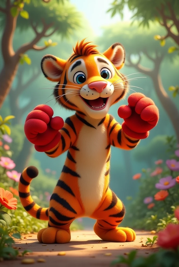Generate a Pixar-style tiger: with red gloves