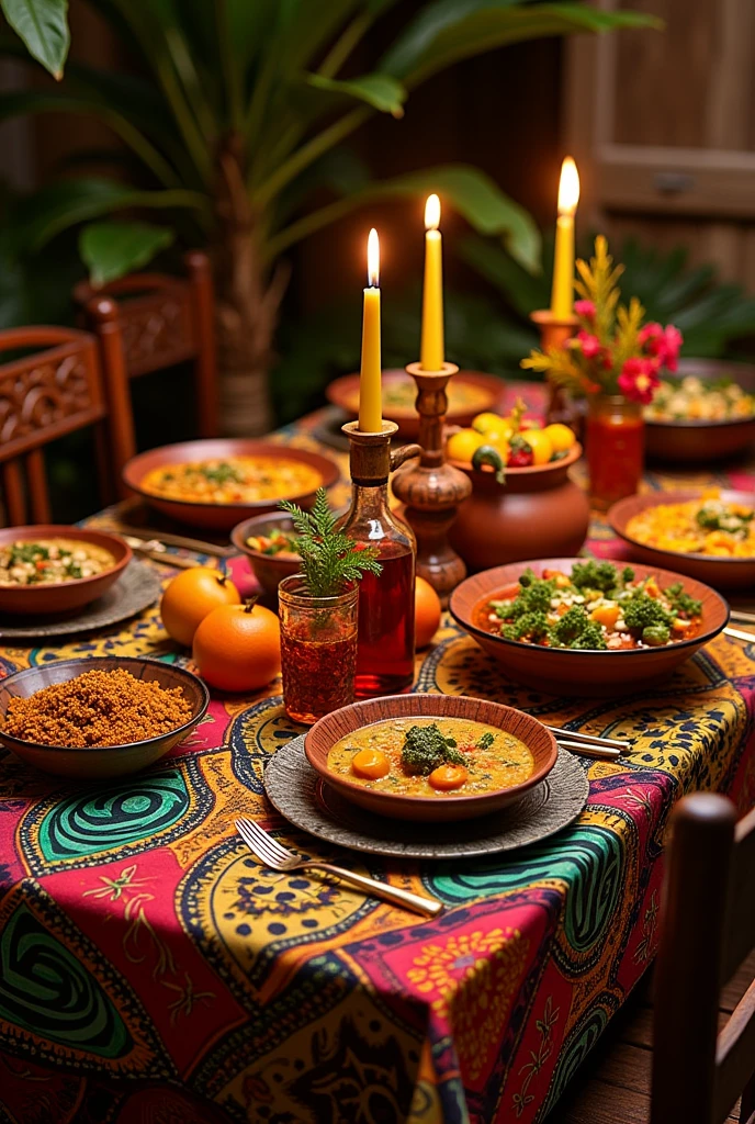 An Afro-Brazilian themed dining table with Afro-Brazilian food on top.