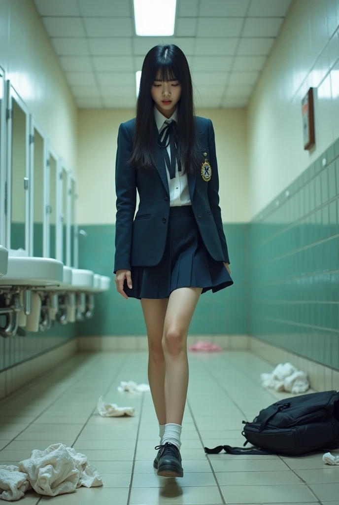 Imagine a Korean woman with straight black hair, wearing a school uniform. she's in a bathroom, with tiles in the background. She looks surprised and a little scared., with one foot raised and a small bandage. The environment is a bit disorganized to give the impression that she has just fallen. If you need anything else, just let me know!