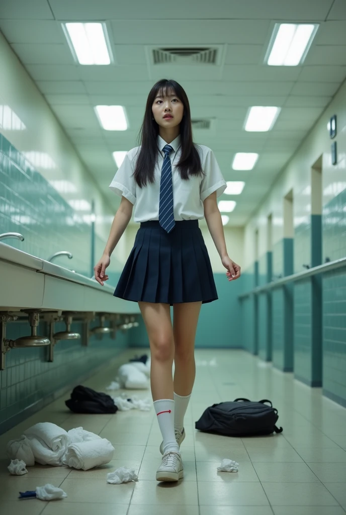Imagine a Korean woman with straight black hair, wearing a school uniform. she's in a bathroom, with tiles in the background. She looks surprised and a little scared., with one foot raised and a small bandage. The environment is a bit disorganized to give the impression that she has just fallen. If you need anything else, just let me know!