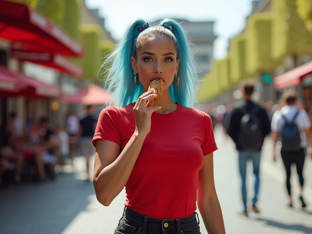 beautiful biracial latina woman, long ponytail light blue hair, light blue eyes,big large breasts, wear red t-shirt low, black jeans and black shoes, in paris street, close to The triumphal arch, bite her hot dog, Résolution Haute, close up