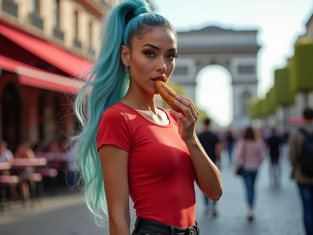 beautiful biracial latina woman, long ponytail light blue hair, light blue eyes,big large breasts, wear red t-shirt low, black jeans and black shoes, in paris street, close to The triumphal arch, bite her hot dog, Résolution Haute, close up