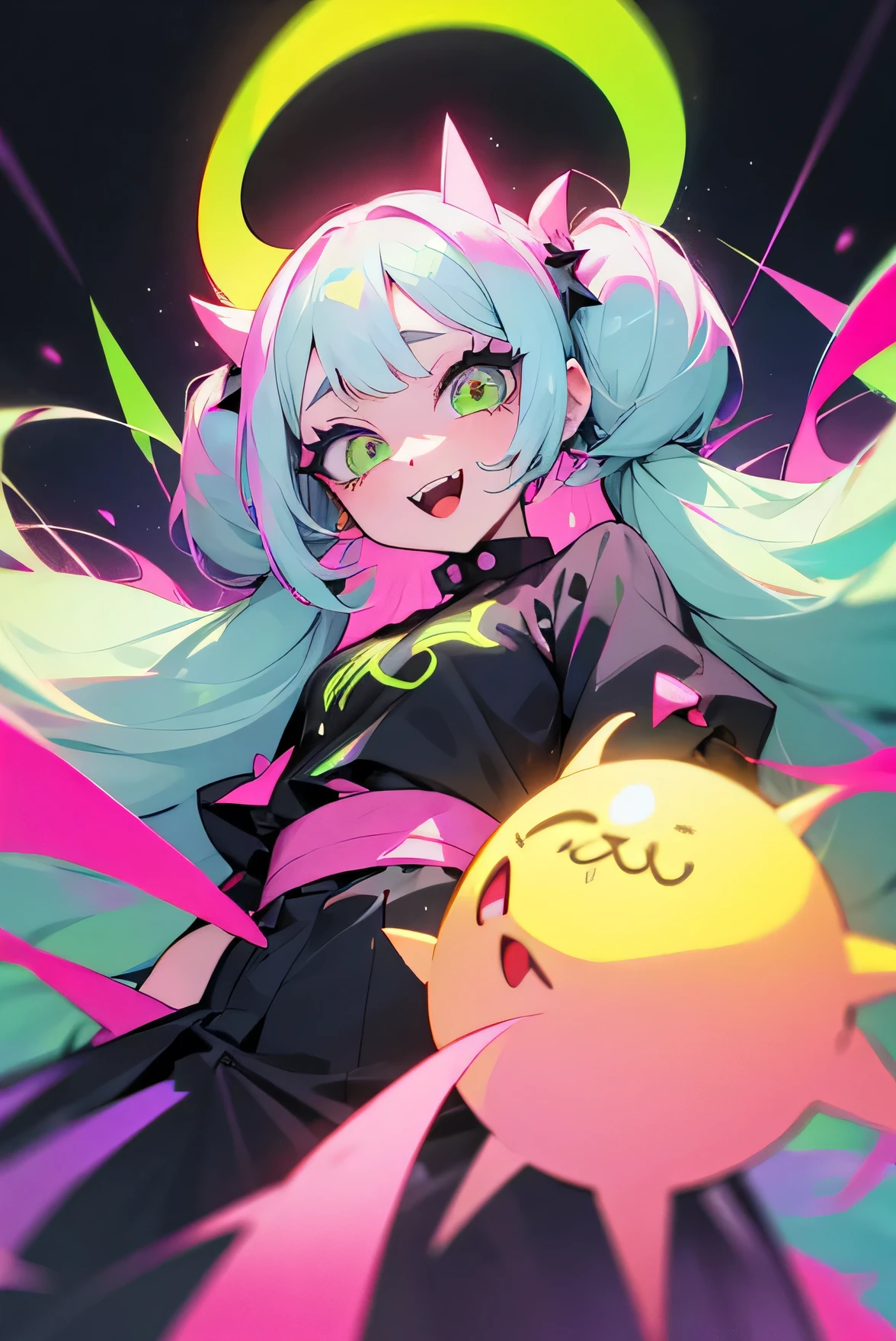 Girl, fluffy hair, cool hairstyles, pink and green, long hair, big eyes, long eyelashes, colorful green eyes, round eyes, stars in the eyes, open mouth, jagged teeth, pop, cute, Colorful, dynamic, pastel, (colorful:1), (sketch:0.3), (hyper pop:1), Jirai Kei, (realistic:1.3), Demonic, phonk, neon, creepy smile, obscure scene, dangerous, tsundere