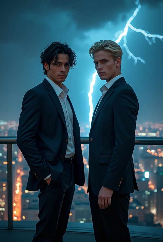 Netflix series trailer. Two young and rich men, one with wheat-colored skin and black hair, the other with light blonde and white skin. Lightning strikes at night on the terrace of a high-rise plaza. The name of the series is "Ilk-Er" and the trailer for the eighth season.