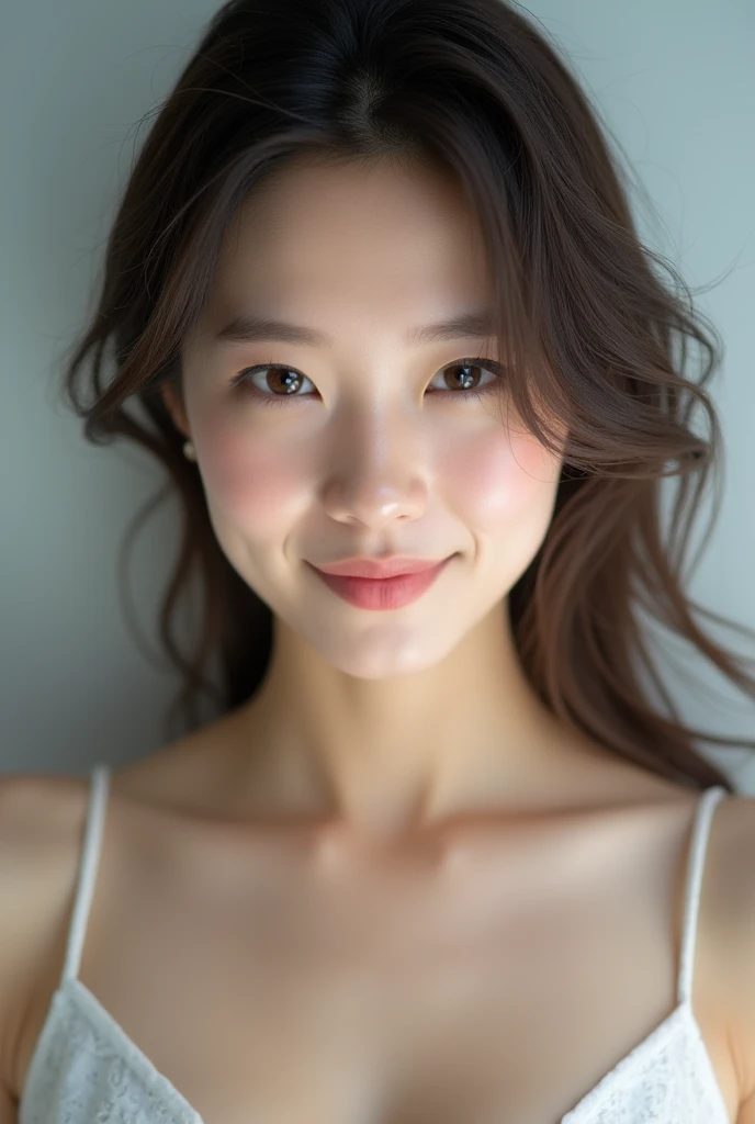 (((One person,alone))),(Highly realistic photos, High resolution, Detailed face, Beautiful Eyes) Japanese women, 30 years old, Beautiful face, Plump body, Healthy Body,Spread your legs、Thin lips、smile、Shot in a photo studio