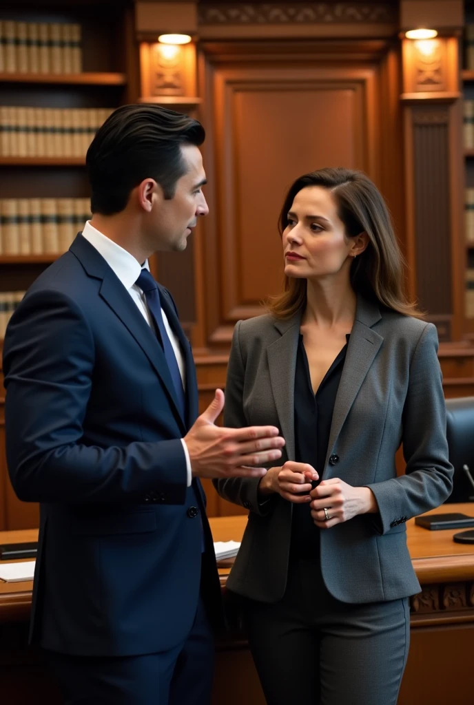 Male lawyer and female lawyer conversing with a court background