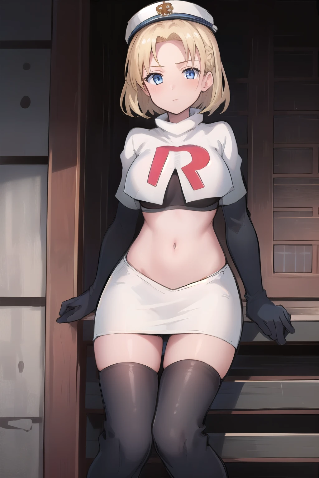 best quality, (masterpiece:1.2), illustration, absurdres, (1girl, solo, beautiful detailed girl),
 Theresia Caroline, short hair, blonde hair, blue eyes, medium breasts,
garrison cap, team rocket,team rocket uniform,white skirt,red letter R,crop top,black thigh-highs,black elbow gloves,
looking at viewer,