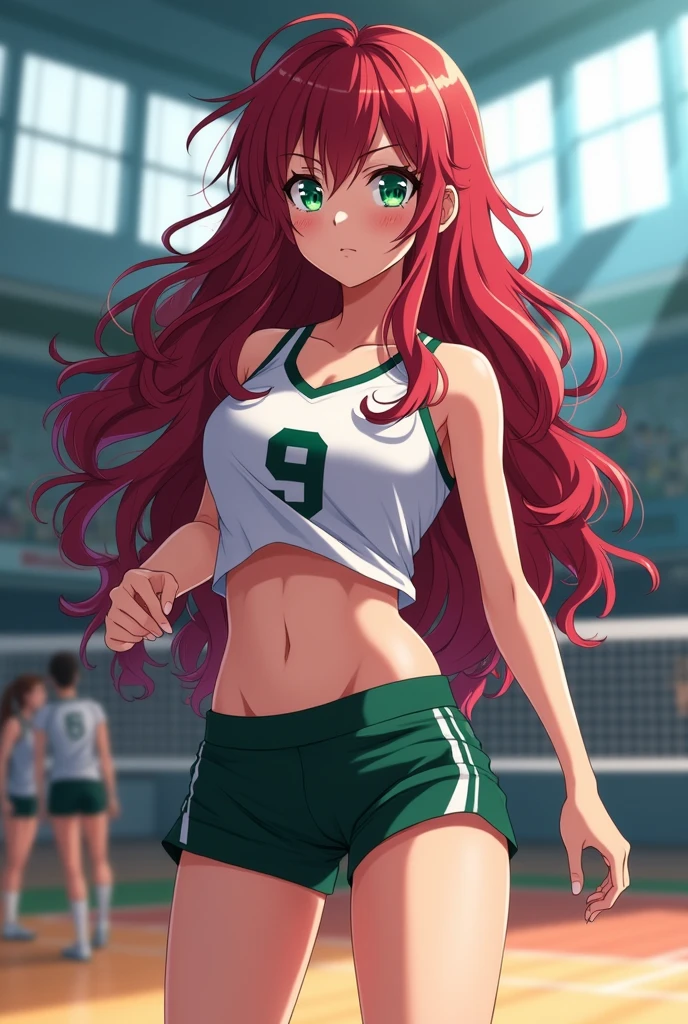 Make an anime character with Haikyuu's features, This character is white with green eyes and long, curly, dark red hair. (She's a grown-up, She should be around -18 years olDon't make her with childish features.) (WITH THE SAME DESIGN STYLE AS HAIKYUU)
