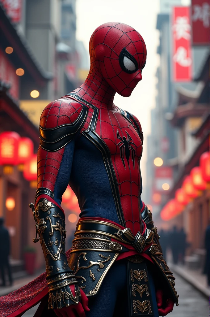 ((A full body))  Spider-man as Samurai style iron Man art by  Carolina Herrera cinematic silver and gold 