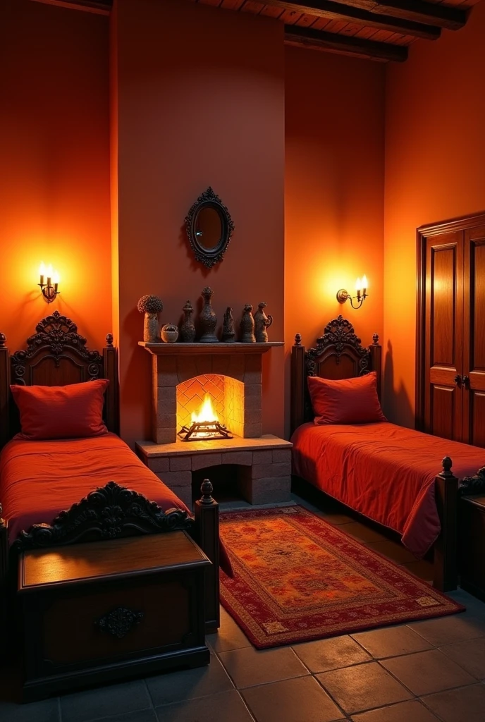 the large bedroom has 2 single beds, one on each wall, with good space between them. the walls have a slightly reddish color. Beds feature ornate headboards that often include details that evoke flames. each room is equipped with a smaller fireplace or heat source, providing a comfortable and welcoming environment. The decor is rustic, with furniture and accessories that complement the fire theme and create a comfortable space for residents. There is a wooden closet and rustic chests in front of the bed. the sheets and pillowcases are also reddish, and the room is lit by two torches above the bed and two at the entrance door.