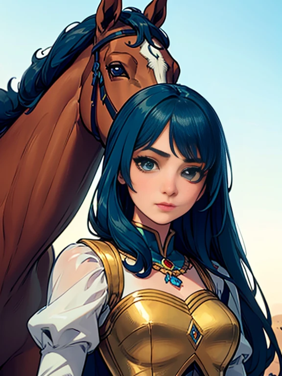 ((masterpiece, Highest quality)),(figure),(detailedLight),((Very delicate and beautiful)),One person,Godolphin Arabian,long hair,blue hair,Green Eyes,Horse's ears,Ma Niang,hair_ornament,White Dress, Exposing shoulders, ,No sleeve,Evening Dresses,Long dress,Outdoor, Light,blue sky, horizon, Pasture, wild
