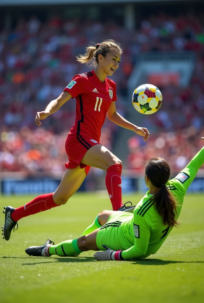 Woman in a soccer uniform, kicking the ball towards the goal and missing, women's soccer cleats adidas. Goalkeeper diving for the ball 