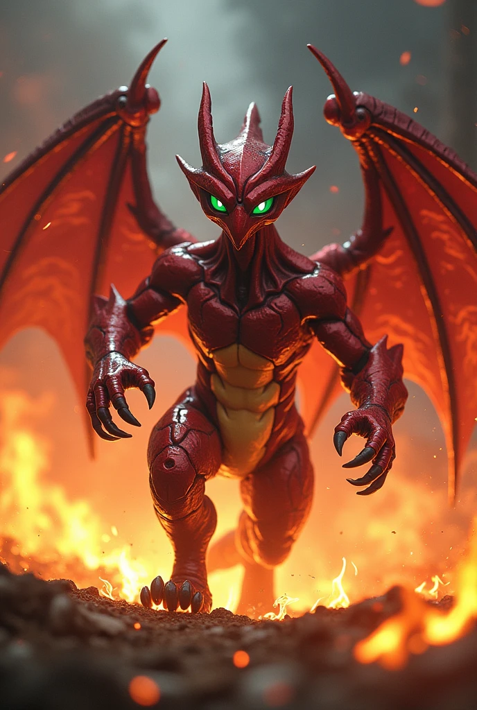 Scizor the pokemon walking out of fire.