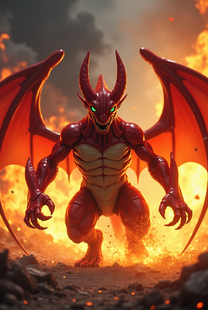 Scizor the pokemon walking out of fire.