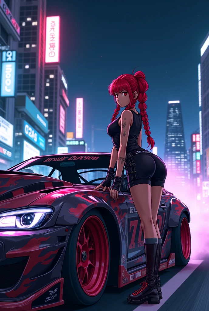 Anime woman with braided red hair, hood ornament on the car, drift racer. art anime 