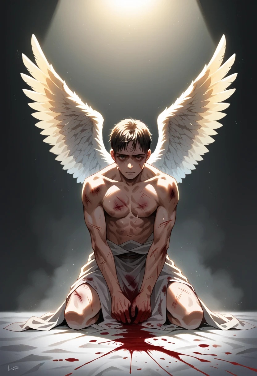 1 boy, anime, angel, wings, angel wings, wounded, bruised, blood, broken wing, kneeling, detailed face, detailed eyes, 8k, ultra-detailed, masterpiece, cinematic lighting, dramatic lighting, moody atmosphere, dark fantasy, dramatic composition, emotional