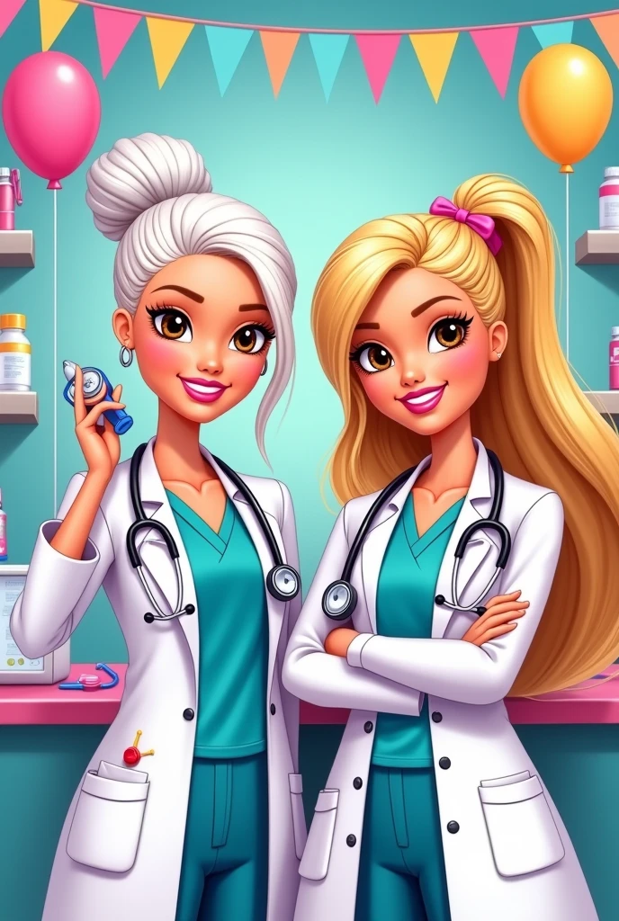 Two Barbie Doctor cartoons, one with brown eyes and white hair  , and another with brown eyes and blonde hair , Happy Doctor's Day Label 