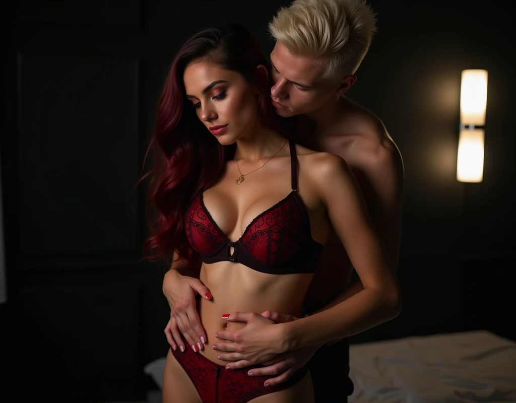 A young woman, pale skin, vibrant maroon long wavy side-parted hair, red/black bra and red/black panties. Behind her 22-year-old attractive male model, short platinum blond textured side-swept bangs, pale skin, lithe body, hands on her waist. Inside a black chic modern bedroom, low lighting